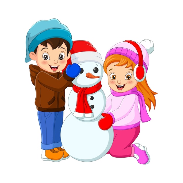 Menino e menina felizes brincando com um boneco de neve