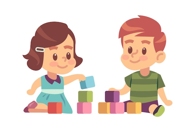 Menino e menina jogam cubos. Crianças amigáveis construindo de blocos no chão juntos, conceito de educação de personagens infantis