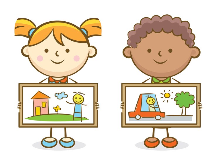 Vetor menino e menina mostrando artes de pintura