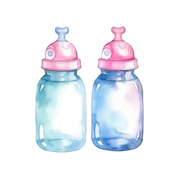 Vetor menino e menina recém-nascidos em aquarela com garrafas rosa e azuis