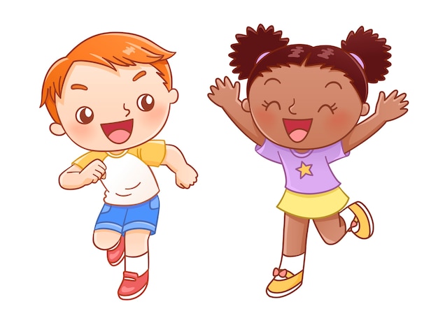 Menino e menina rindo e correndo juntos no estilo desenhado à mão