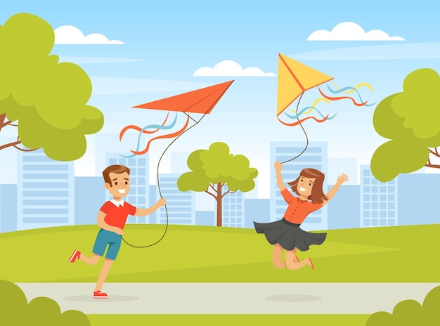 Menino e menina voando com uma cometa segurando-a por uma corda jogando ilustração vetorial ao ar livre