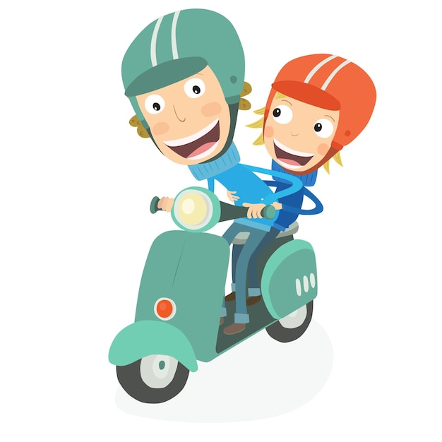 Menino e menino loiro dirigindo uma scooter Ilustração vetorial