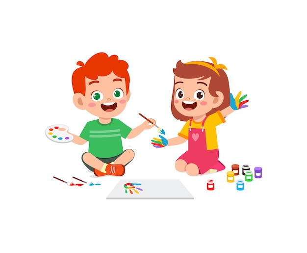 Menino e uma menina bonitinha usando tinta à mão para a arte