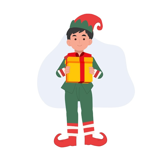 Menino elfo de natal bonito com ilustração vetorial de caixa de presente
