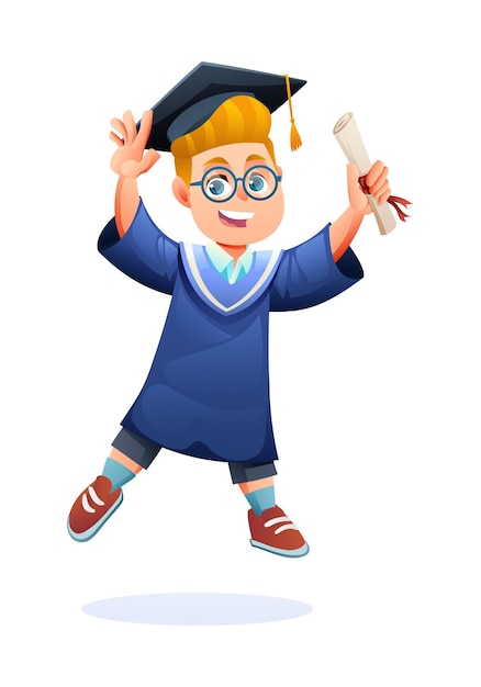 Menino entusiasmado com chapéu e vestido de formatura segurando diploma pulando com um grande sorriso desenho animado vetorial