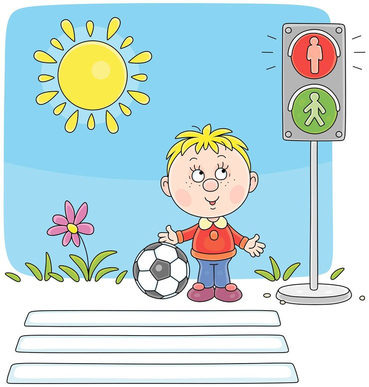 Vetor menino esperando por um semáforo verde em uma passagem de pedestres de uma rua da cidade em um dia ensolarado
