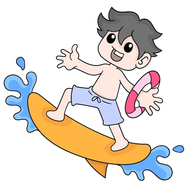 Menino está de férias jogando surf nas ondas do oceano, arte de ilustração vetorial. imagem de ícone do doodle kawaii.