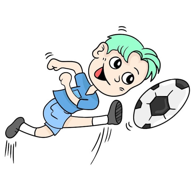 Menino está jogando futebol. emoticon de adesivo de ilustração de desenho animado