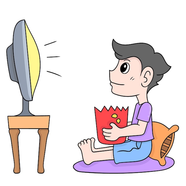 Menino está na frente da tv assistindo filmes comendo lanches, arte de ilustração vetorial. imagem de ícone do doodle kawaii.