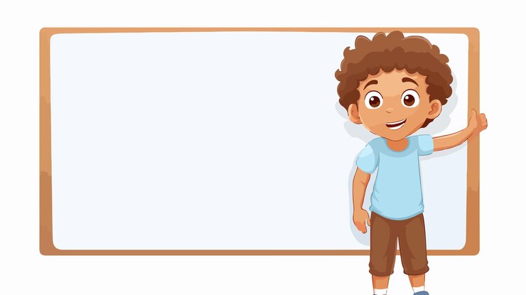 Vetor menino exibindo uma apresentação educacional de conceito de quadro branco