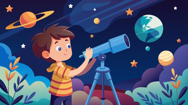 Vetor menino explorando o céu noturno através de um telescópio