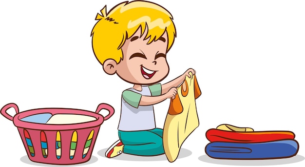 Vetor menino feliz a fazer a limpeza doméstica