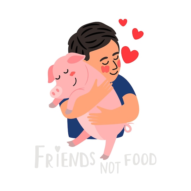 Vetor menino feliz abraçando um leitão e mostra seu amor aos animais conceito de respeito à natureza e estilo de vida vegano porco rosa bonito com pequenos corações ilustração vetorial amizade entre pessoas e animais