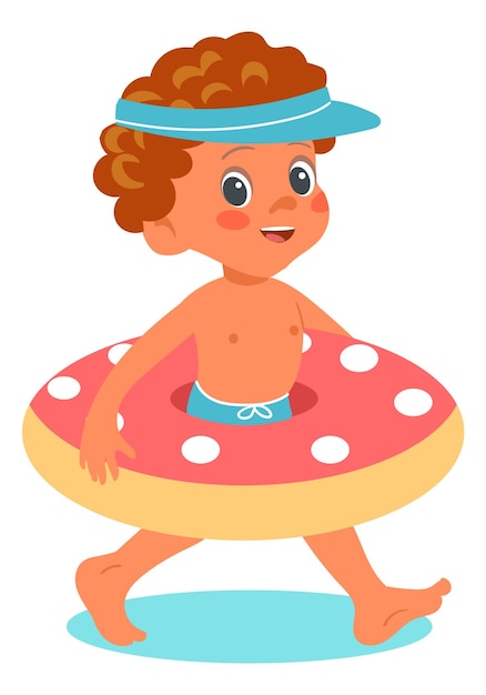 Vetor menino feliz andando com anel de piscina criança de verão de desenho animado isolada em fundo branco