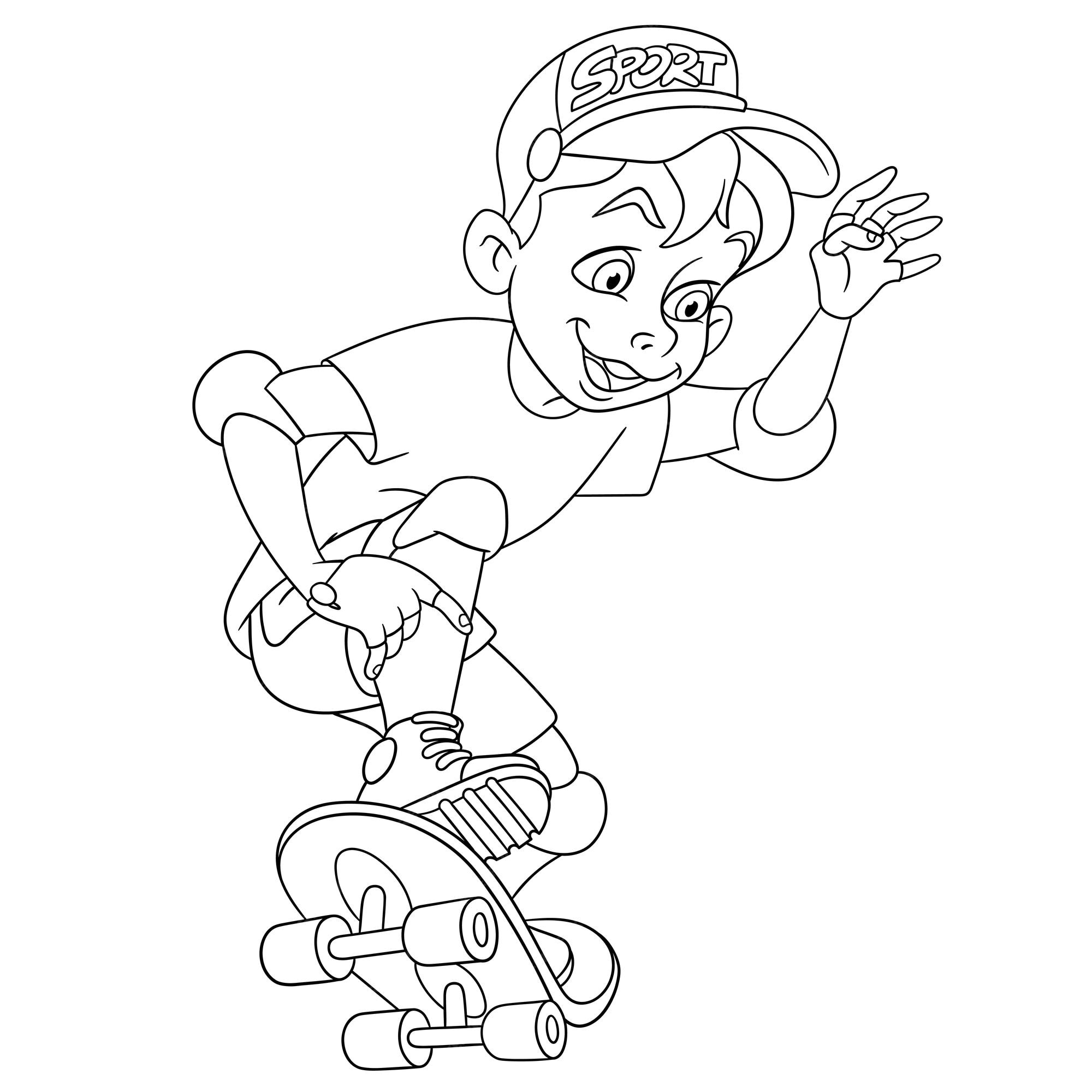 Menino feliz andando de skate. página do livro de colorir dos desenhos  animados para crianças.