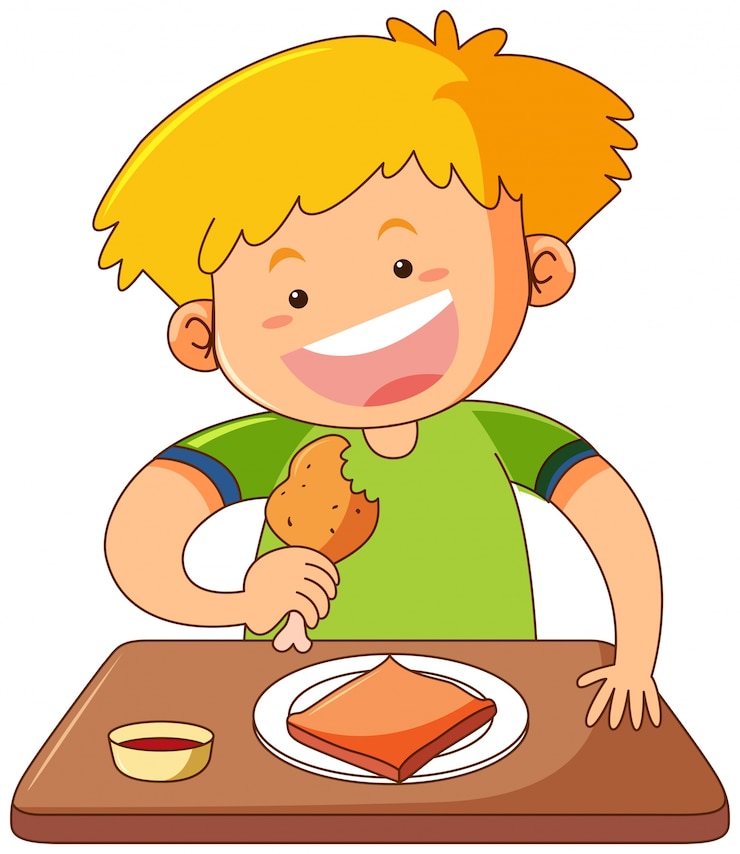 Vetor menino feliz comendo na mesa