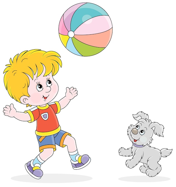 Menino feliz correndo e jogando uma grande bola colorida com seu lindo cachorrinho nas férias de verão