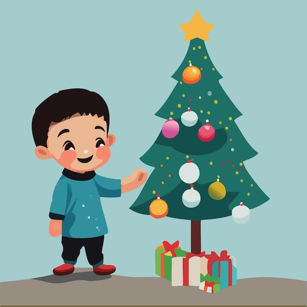Menino feliz desenhando uma árvore de Natal decorada com brinquedos de férias coloridos bolas e doces