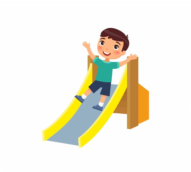 Menino feliz desliza um slide infantil. criança alegre, férias de verão. conceito de férias e entretenimento no parquinho. personagem de desenho animado. ilustração plana.