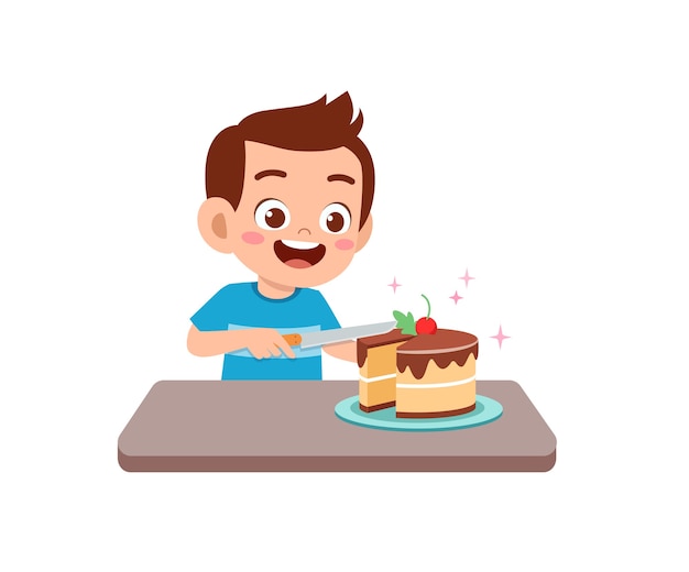 Menino feliz e fofo comendo um bolo de aniversário