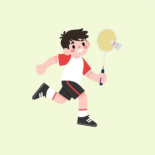 Menino feliz jogando badminton Menino ativo correndo com raquete Shuttlecock Ilustração esportiva