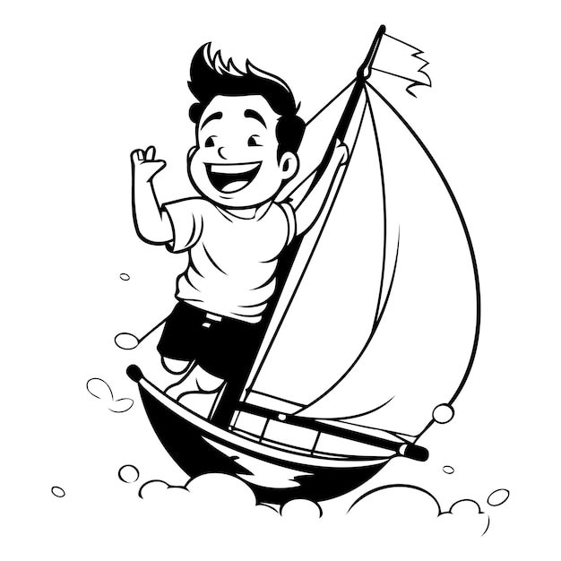 Vetor menino feliz navegando em um veleiro ilustração de desenho animado vetorial isolada em fundo azul