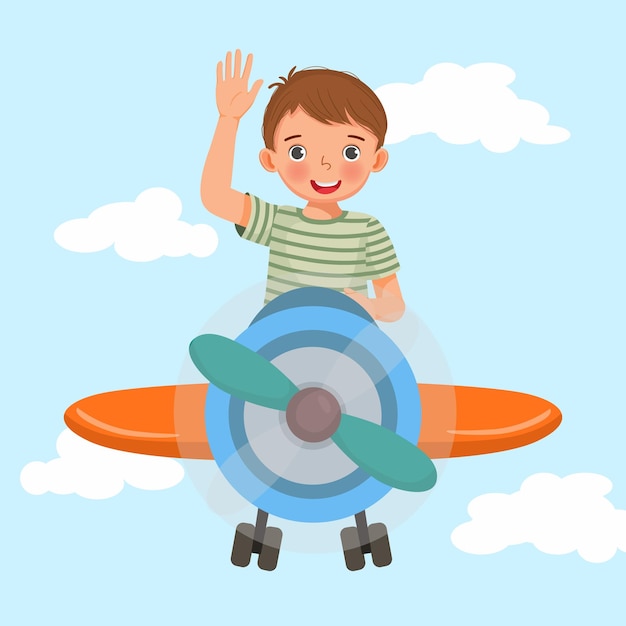 menino feliz voando um avião acenando com a mão no céu azul