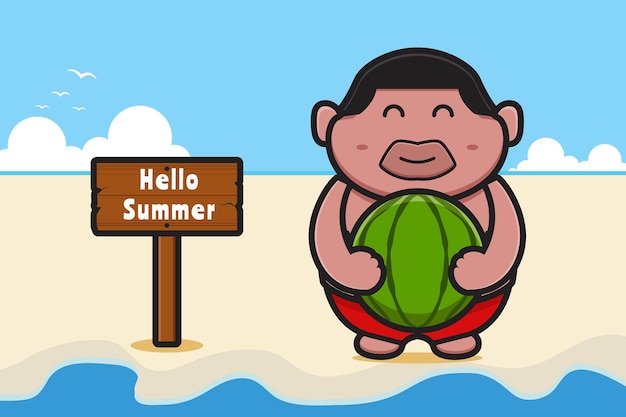 Menino gordo bonito segurando melancia com uma ilustração do ícone dos desenhos animados de banner de saudação de verão.