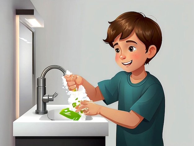 Vetor menino isolado a lavar as mãos num vetor de fundo branco