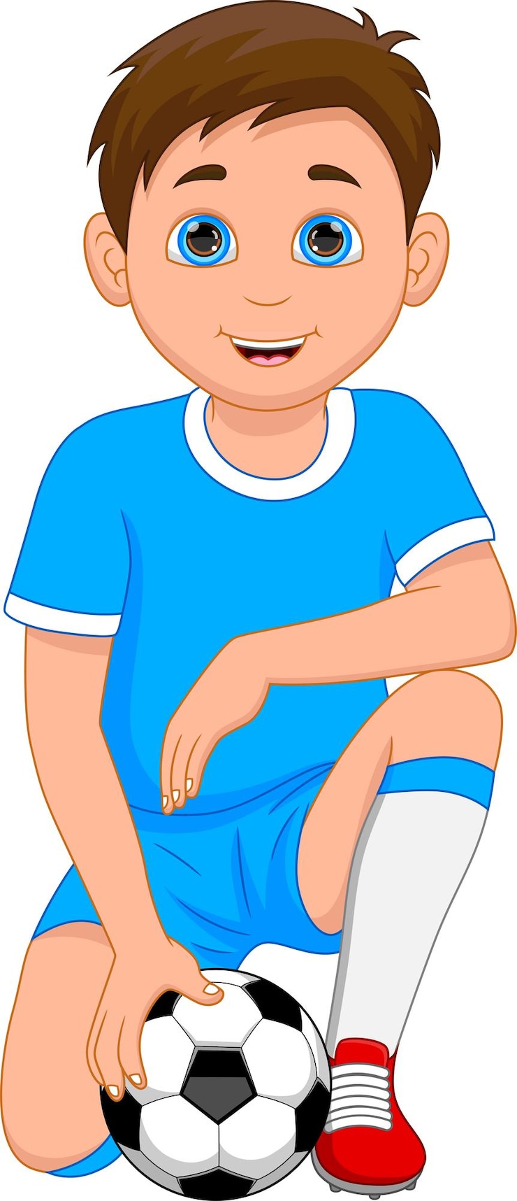 Vetor menino jogador de futebol segurando uma bola no fundo branco