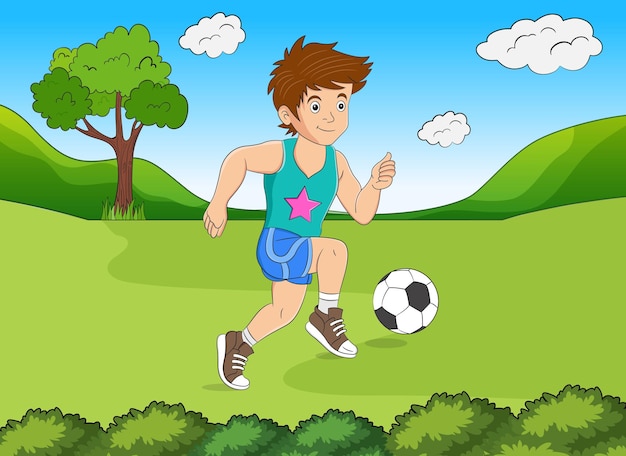 Vetor menino jogando futebol
