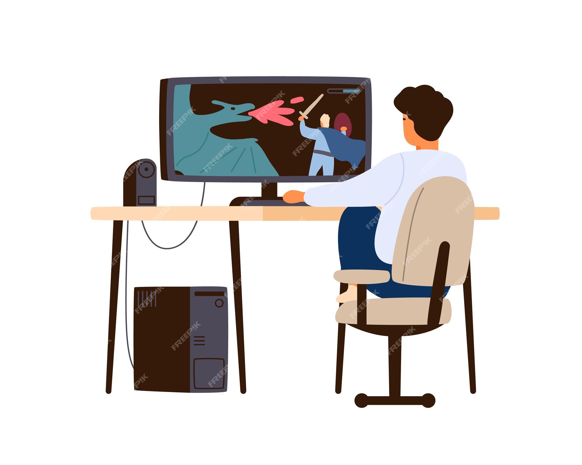 Menino jogando jogo de computador em casa. jogador infantil sentado na mesa  e gosta de jogar online. hobby adolescente e atividade de lazer. ilustração  isolada dos desenhos animados de vetor plana.