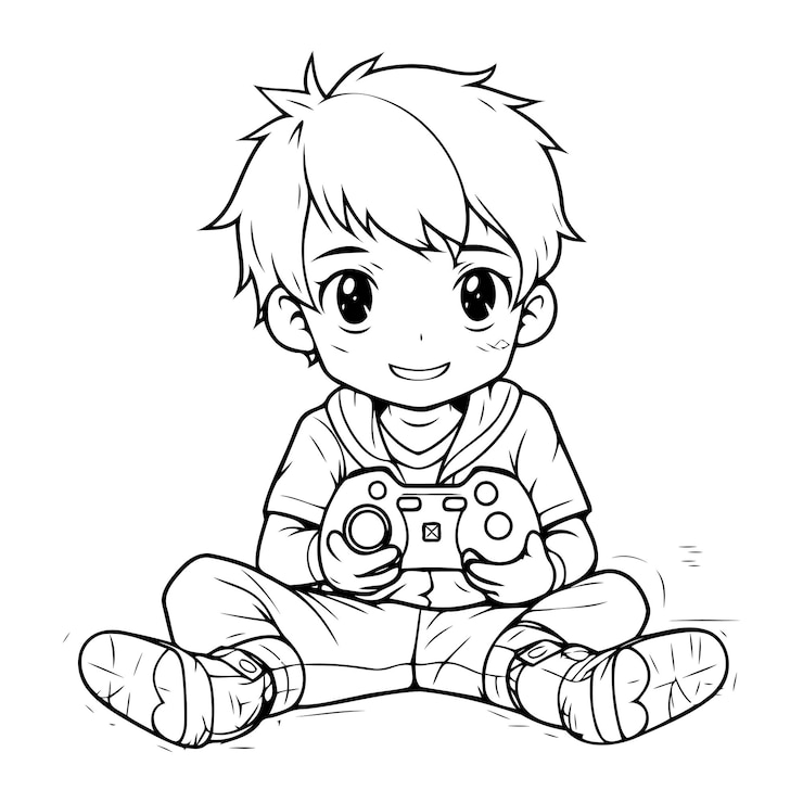 Menino jogando videogame ilustração vetorial preto e branco para livro de colorir