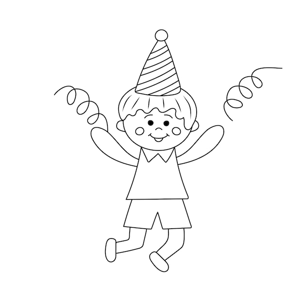 Menino kawaii bonitinho com chapéu de festa e confete em doodle arte de linha desenhada à mão para livro de colorir