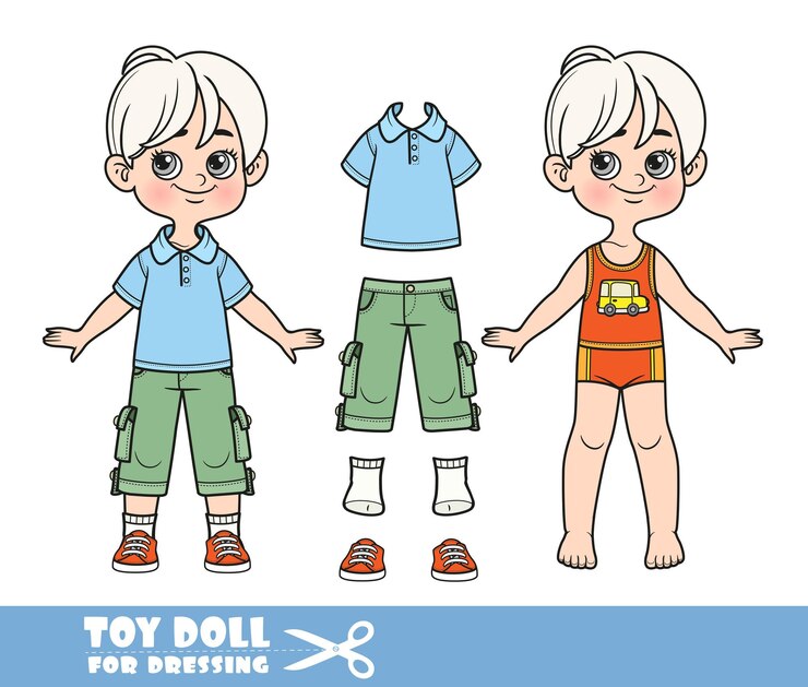 Vetor menino loiro dos desenhos animados vestido e roupas separadamente calças de camiseta azul e boneca de tênis para vestir
