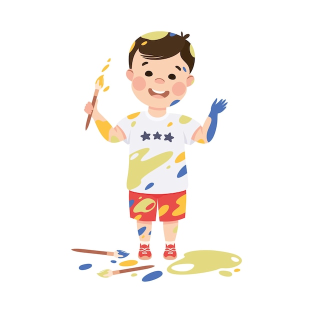 Menino manchado de tintas segurando ilustração vetorial de pincel de artista