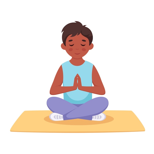Menino meditando em pose de lótus ioga ginástica e meditação para crianças