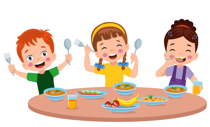 Vetor menino meninas, comer, em, a, jantando tabela