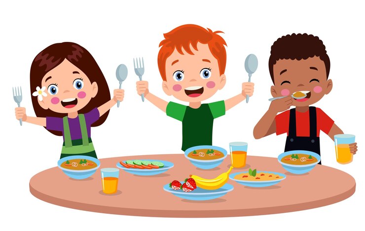 Vetor menino meninas, comer, em, a, jantando tabela