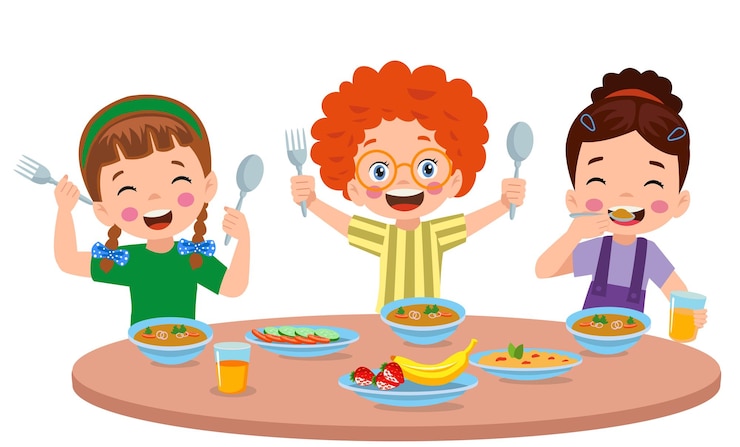 Vetor menino meninas, comer, em, a, jantando tabela