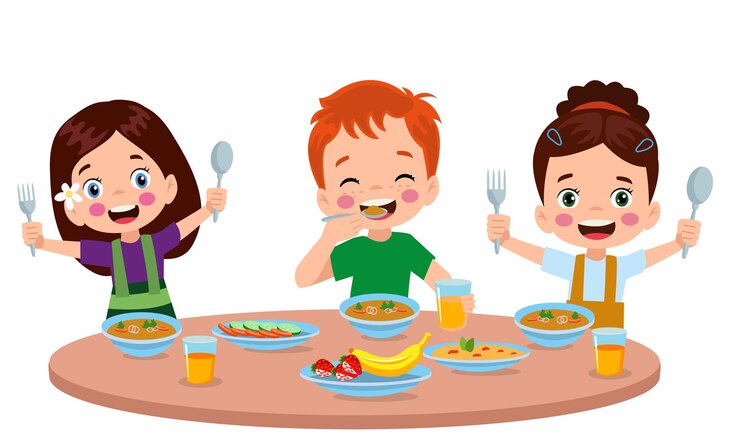 Vetor menino meninas, comer, em, a, jantando tabela