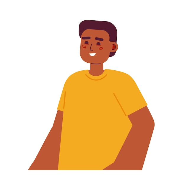 Menino moreno afro-americano alegre personagem vetorial de cor semi plana emoções positivas sorrindo pessoa de meio corpo editável em branco ilustração de spot de desenho animado simples para design gráfico da web