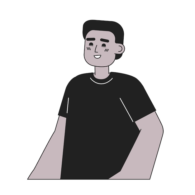 Menino moreno afro-americano alegre personagem vetorial plano monocromático emoções positivas sorrindo linha fina editável metade do corpo pessoa em branco imagem de spot de desenho animado bw simples para design gráfico da web