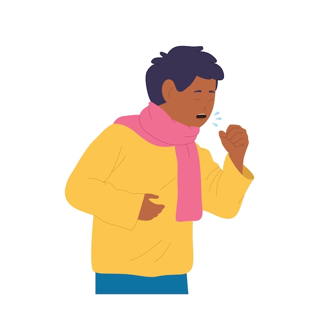 Menino personagem de desenho animado isolado com lenço enrolado ao pescoço sofrendo de tosse forte