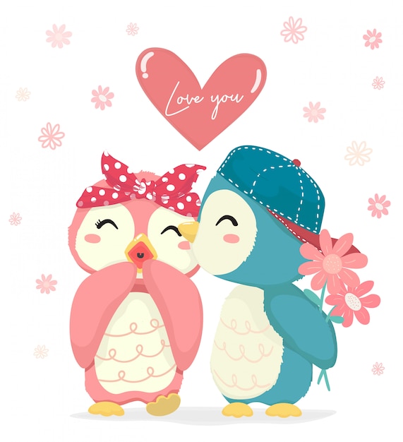 Menino pinguim azul bonito com beijo de flor feliz menina pinguim rosa com grande te amo coração