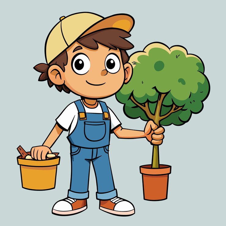 Vetor menino pintor segurando um arbusto e um balde de cores