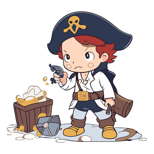 Vetor menino pirata com cofre do tesouro e mapa em fundo branco