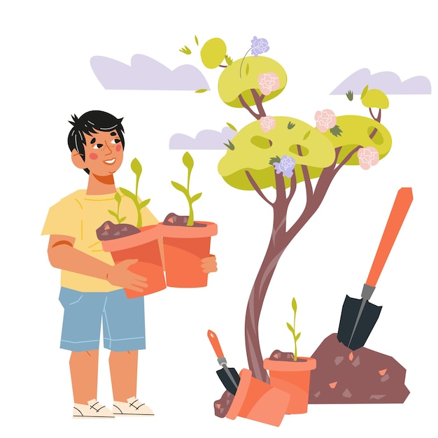 Menino plantando flores na ilustração vetorial plana do jardim isolada