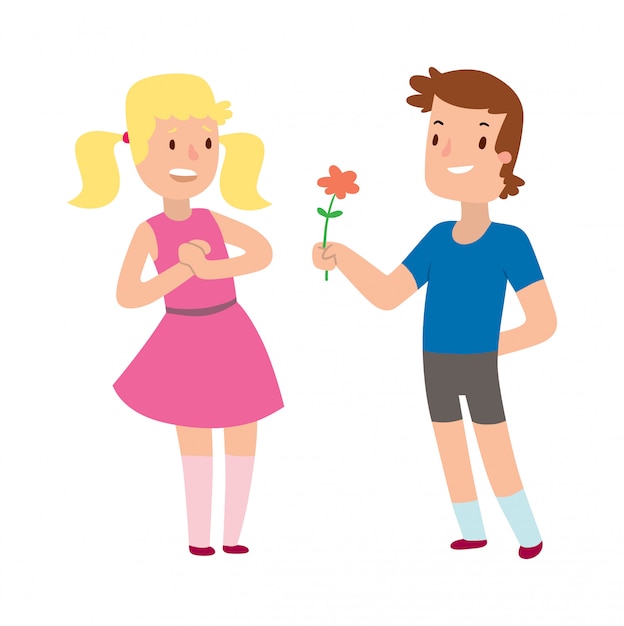 Menino romântico dos desenhos animados e menina dando uma flor para o amor